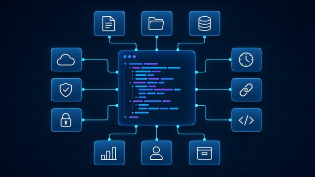 Comprehensive Software Development Dashboard Connecting Central Programming Code Modules to Secure Cloud Storage, User Analytics, and Database Icons