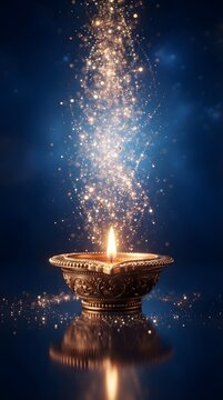 Golden diya lamp with sparkling light trail a traditional oil lamp for celebration and religious ceremonies
