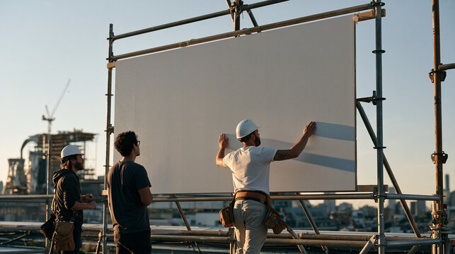 A brand strategist presents a same day delivery visual identity campaign under harsh midday sun on an outdoor rooftop billboard site, the process of affixing oversized branded