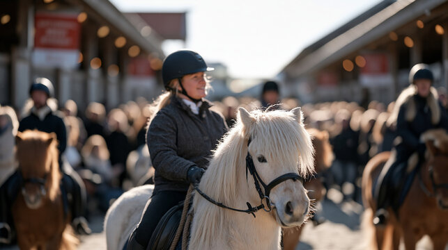 Horse riding instructor guides a diverse group of adult learners through a busy equestrian showground where geothermal energy demonstration banners hang between stable blocks, the