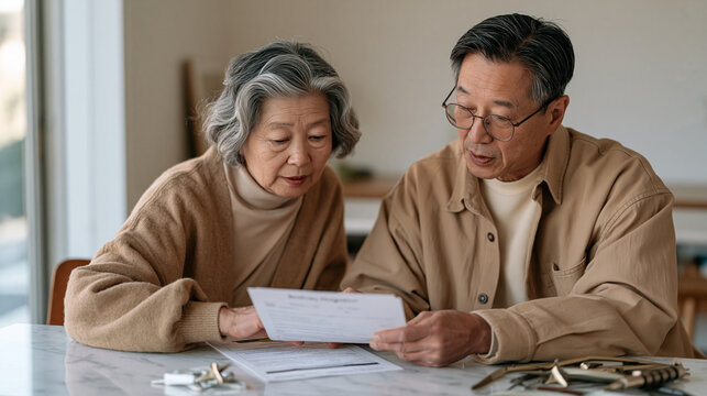 Goldsmith couple in a minimalist studio jointly review a beneficiary designation form, fine hand tools set aside, clean marble surface reflecting studio light, focused intimate