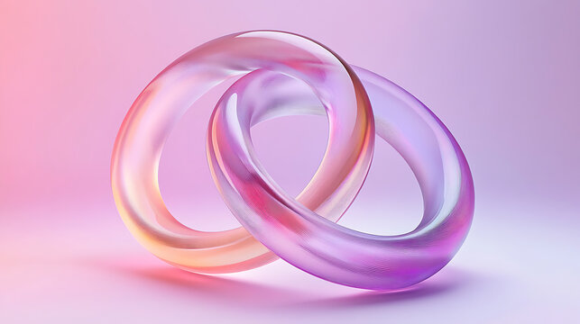 Interlocking translucent glass rings with pink and purple gradient tones on a soft background