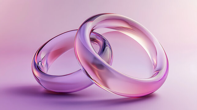 Interlocking translucent glass rings with pink and purple gradient tones on a soft background