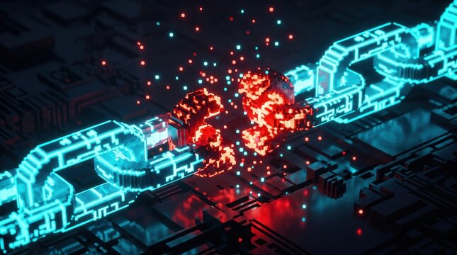 Glowing digital chain is snapping with red sparks over a dark circuit board background. Digital chain symbolizes a blockchain security breach, cyber attack failure, or encrypted link decoupling.