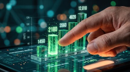 Fototapeta premium Finger point at digital bar chart for financial growth and data analysis concept