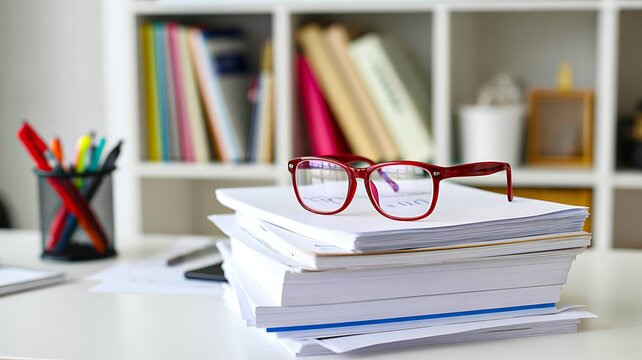 Stack of books and eyeglasses on a study desk