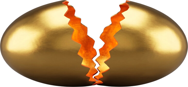Cracked golden egg with glowing light inside, financial risk, investment loss and breakthrough concept 3D illustration