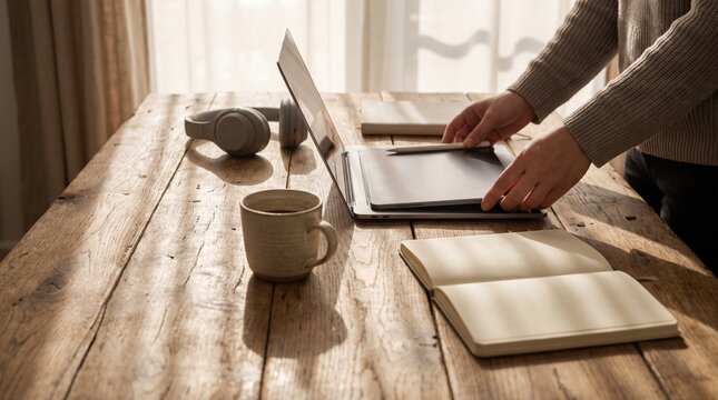 Hands Arranging Modern Study Setup with Laptop Tablet and Coffee Mug on Wooden Desk