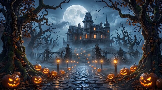 Spooky Halloween background with haunted house and glowing pumpkins under full moon