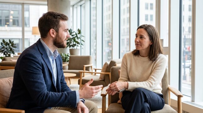 Businessman Actively Speaking to Attentive Female Colleague in Modern Office Lounge