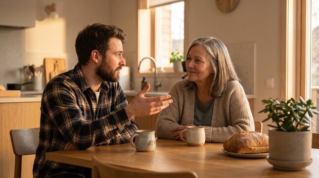 Adult Son Having Honest Warm Conversation with Senior Mother over Tea at Home Kitchen