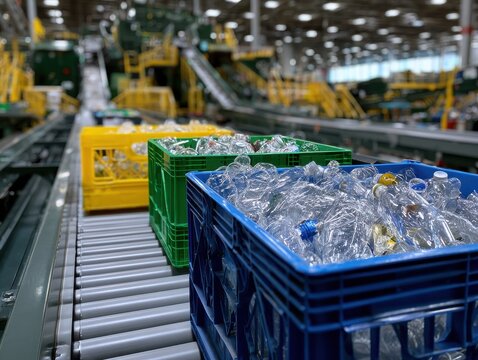 Plastic bottles in colorful crates moving along a conveyor belt in a modern recycling facility, showcasing industrial waste management and sustainable sorting processes for environmental conservation