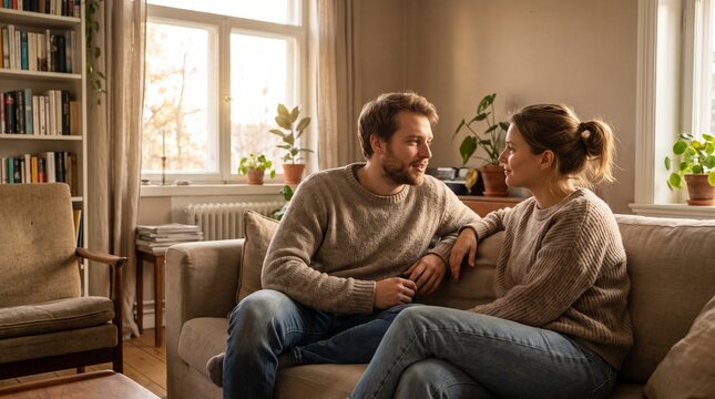 Young Couple Having Meaningful Conversation and Bonding Together on Sofa at Home