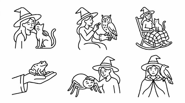 A collection of six line art illustrations featuring witches with various magical animal companions.