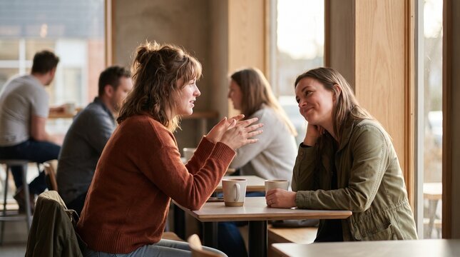 Woman Actively Talking to Supportive Female Friend Sitting at Cafe Table with Coffee