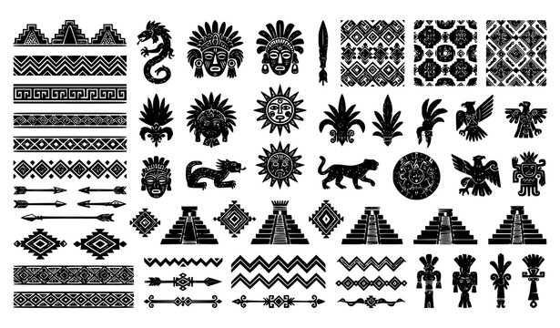 Aztec and Mayan Tribal Silhouette Icon Set Featuring Pyramids, Shaman Masks, Indigenous Totems, Sacred Animal Symbols, Ornamental Borders, and Ancient Mexican Vector Graphics