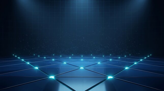 Futuristic Blue Cyberpunk Digital Wireframe Landscape with Glowing Data