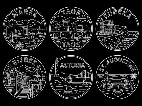 US travel cities circular emblems set featuring Marfa, Taos, Eureka, Bisbee, Astoria, and St. Augustine line art vector illustration