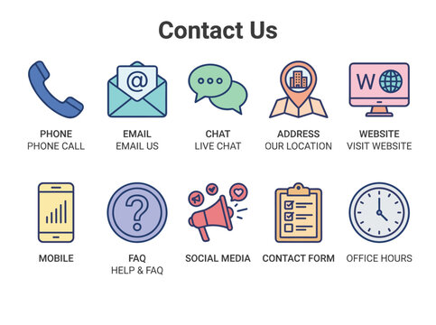 A line-style Contact Us icon collection featuring editable web icons for communication, phone, email, contact, website, and address, presented as vector illustrations