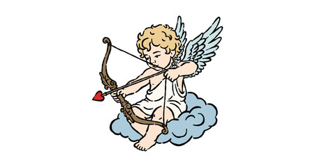 Obraz premium Sweet vintage cherub angel sitting on a cloud aiming bow and red heart arrow. Detailed retro colorful line art sketch perfect for romantic Valentine's Day cards, wedding invites, and tattoo designs.