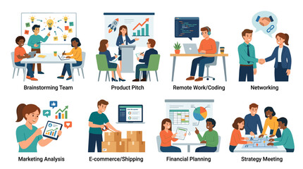 Fototapeta premium Concept for an illustration set depicting the business activities of young entrepreneurs