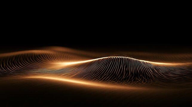 Golden light waves undulate across a dark surface, representing technology, energy, and futuristic concepts ideal for digital media and abstract design