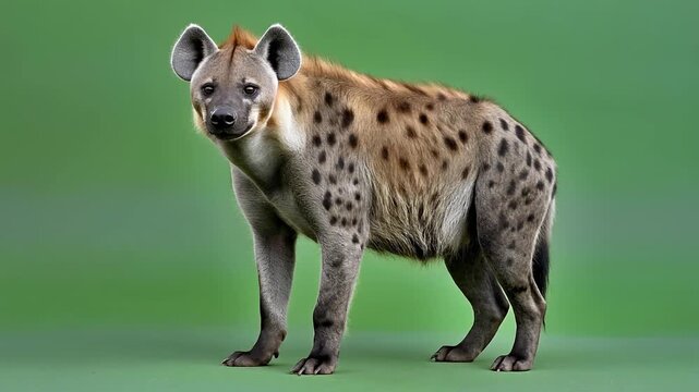 Hyena standing alert with ears raised in green screen studio showcasing wildlife strength and powerful predator presence in natural environment