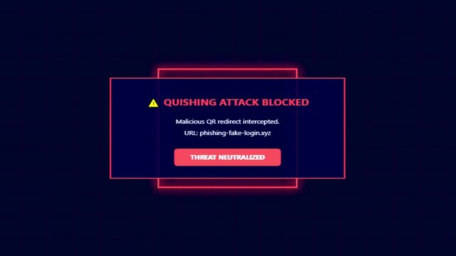 Red quishing attack blocked cyber security alert animation with malicious QR redirect interception and threat neutralized UI against a dark background motion graphic loop