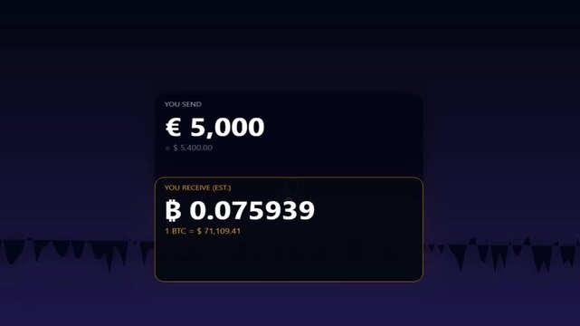 Cryptocurrency conversion and exchange calculator animation with Euro to Bitcoin transfer rates and financial chart UI against a dark background motion graphic loop