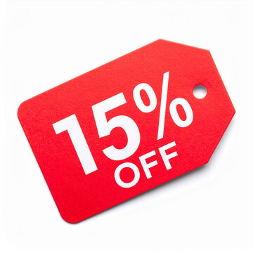 Bright red retail sale tag with bold 15 percent OFF discount message, isolated on white background, promotional shopping concept. Close-up.