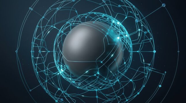 3d render of solid dark sphere surrounded by glowing blue interconnected digital network lines and nodes representing global communication or data flow