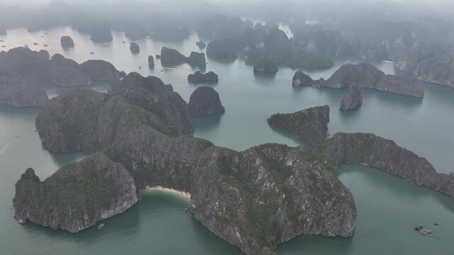 Aerial view of the natural scenery of the karst peaks and forests in Ha Long Bay, Vietnam
