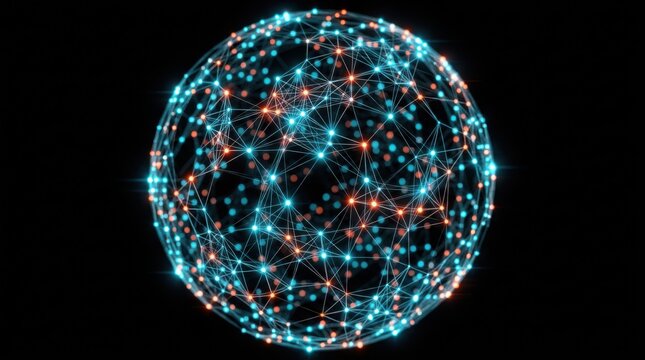 Futuristic 3d sphere made of glowing blue and orange data network nodes and interconnected lines on black background