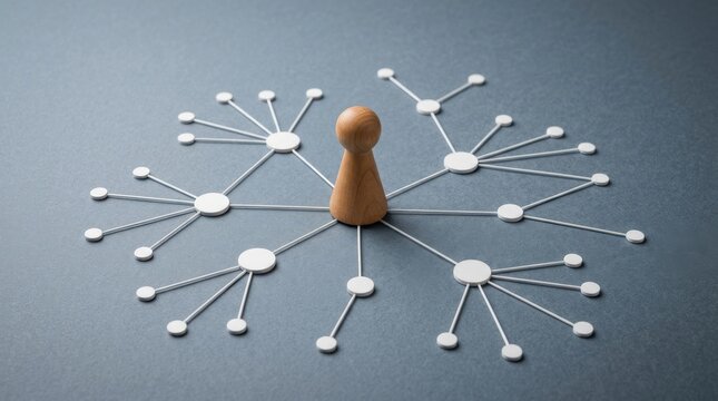 Wooden game piece in the center of a network diagram made of white circles and connectors on a dark background