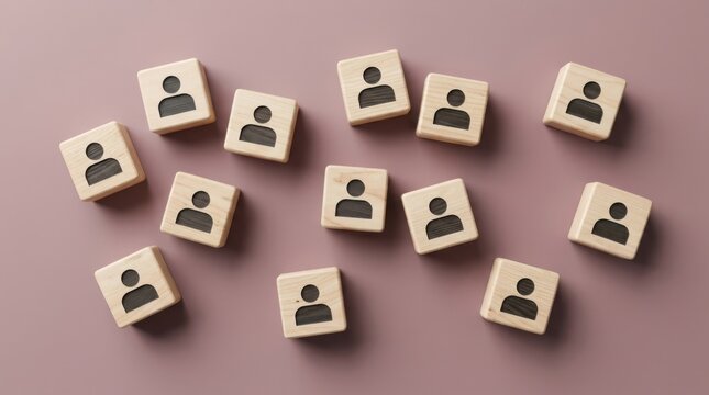 Wooden blocks with a person icon scattered on a dusty pink background, representing teamwork, leadership, or human resources