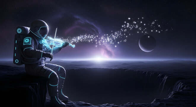 Astronaut seated on planetary surface releasing glowing particles toward bright light