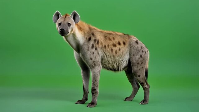 Hyena standing alert with intense gaze isolated on green screen background showcasing wildlife strength and powerful predator presence in natural environment