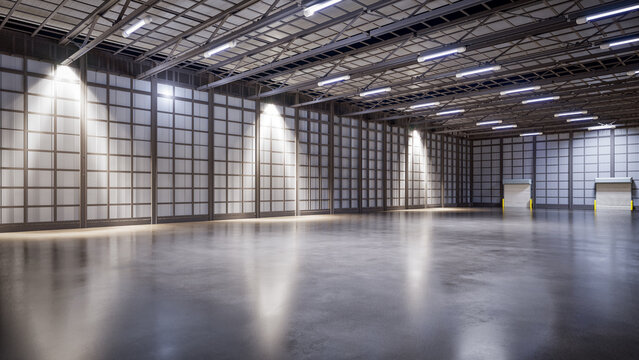Empty factory interior fully enclosed with rolling shutter door