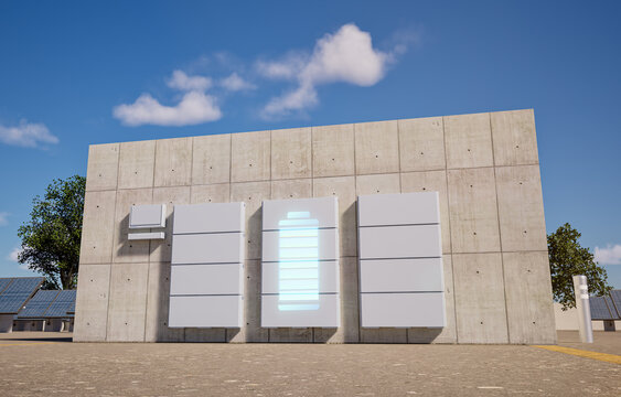 Group of home batteries or energy storage systems on wall outdoor