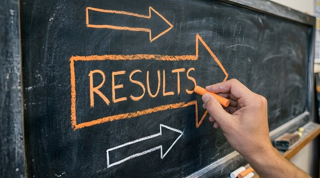 Hand drawing results with orange chalk on a blackboard, showing progress and success