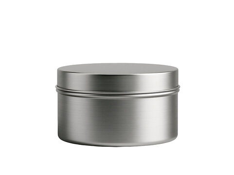 Empty round metal tin container for cosmetics or food isolated on white background