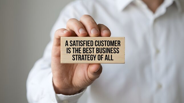 Satisfied customer is the best business strategy quote on wooden block held by hand