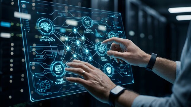 Hands interacting with futuristic holographic interface displaying AI, deep learning, cloud computing, and cyber security concepts.