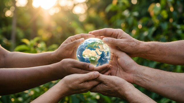 Diverse hands cradle planet Earth, symbolizing global unity and environmental protection in sunlight