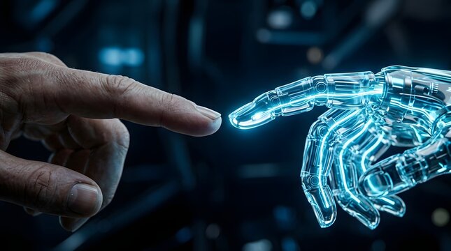 Human finger touching glowing robotic hand, symbolizing AI future, technology, and innovation