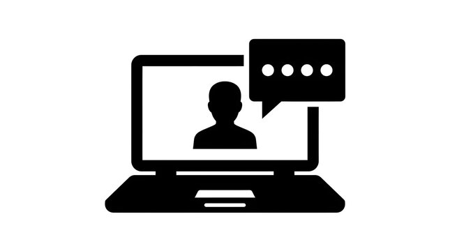 Laptop icon with silhouette of person and chat bubble for online communication and messaging