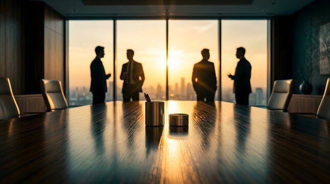 Business meeting silhouettes in a modern conference room at sunset overlooking city skyline