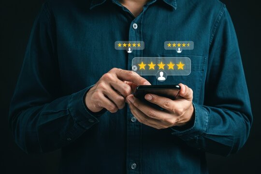 A man holding a smartphone and tapping on glowing five star rating holograms. This customer satisfaction review concept is perfect for feedback and reputation management marketing.