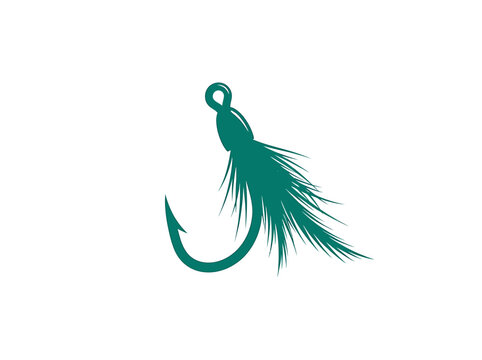 Minimalist green vector illustration of a fly fishing hook on a white background.