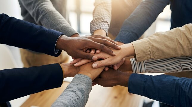 Diverse team hands stacked together in unity, representing collaboration and success in business